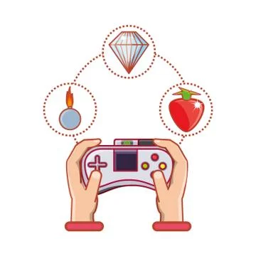 Hands with control video game and set icons Stock Illustration