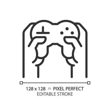 Hands with controller pixel perfect linear icon 스톡 일러스트