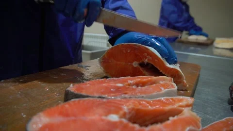 The hands of the cook cut the fish Stock Footage 148464227