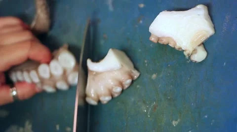 Hands cook cutting octopus with knife Video stock 47211479