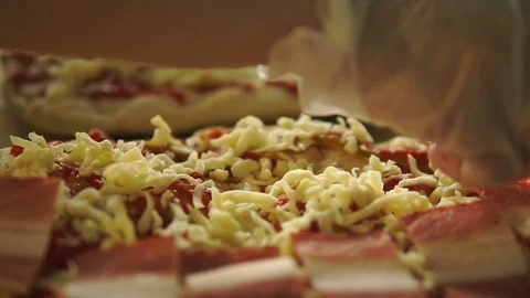 Hands cooks closeup stack pieces of bacon on top of grated cheese. Vídeo Stock 113223638