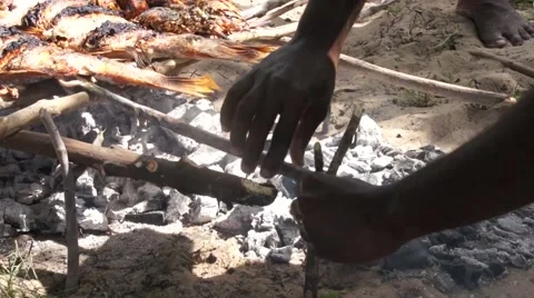 Hands corrects BBQ with fish, Kenya Stock Footage 47190601