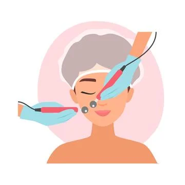 Hands of cosmetologist doing microcurrent procedure with electrodes on face of Stock Illustration