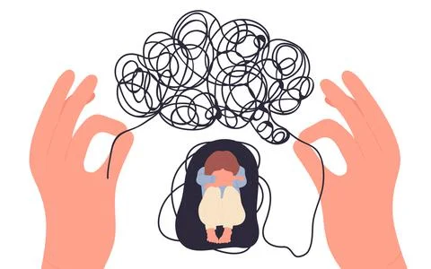 Hands of counselor work with mental problems of woman with tangled thoughts Stock Illustration