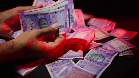 Hands Count Scattered 100 Rupee Indian Money Close Up Stock Footage 313670346