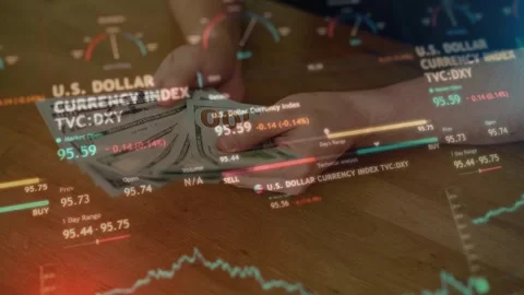 Hands Counting Cash with US Dollar Currency Index Overlay Stock Footage 336478496