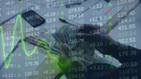 Hands Counting Dollar Bills Over Desk with Calculator and Stock Overlay Vídeo Stock 336011779