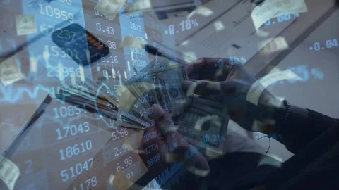Hands Counting Dollar Bills with Smartphone Calculator and Stock Chart Overlay Stockbeeldmateriaal 336478429