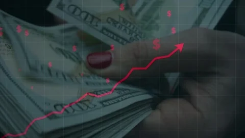 Hands Counting Dollars with Rising Red Graph Stock Footage 336757351