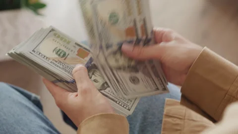 Hands Counting Large Stack of Hundred Dollar Bills Stock Footage 280908476