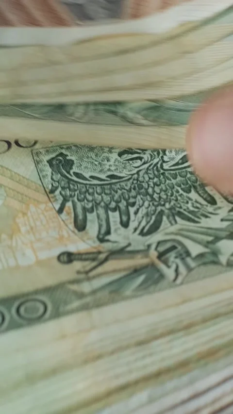 Hands counting a large stack of Polish Zloty banknotes. Cash and wealth. Stock Footage 331424575