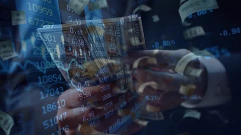 Hands Counting US Dollar Cash Over Blue Digital Stock Market Data Screen Vidéo 336478415