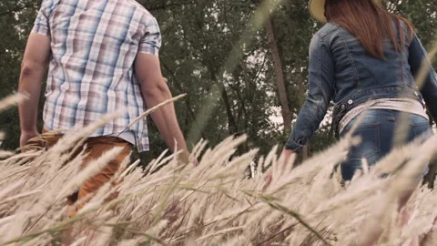 Hands of couple gently touching grass with hands while walking. Stock Footage 199631867