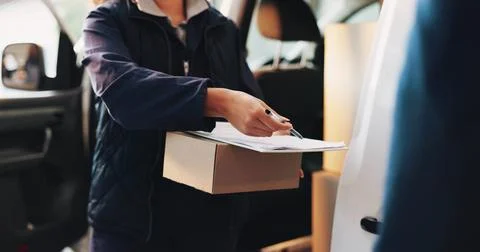 Hands, courier and customer with document for signature, compliance and proof of Stock Photos