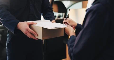 Hands, courier and customer with paperwork for signature, compliance and proof Stock Photos