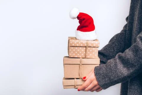 Hands with craft gift boxes Stock Photos