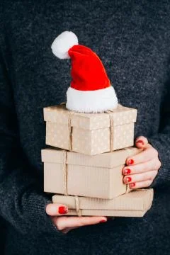 Hands with craft gift boxes Stock Photos