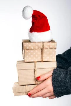 Hands with craft gift boxes Stock Photos