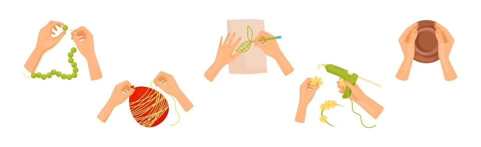 Hands Creating Craft Engaged in Creative Work at Handmade Workshop Vector Set Stock Illustration