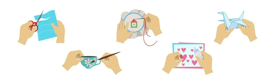 Hands Creating Craft Enjoy Workshop Activity Vector Set Stock Illustration