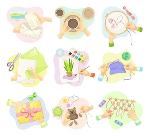 Hands creating handmade crafts set. Top view of creative work process, hobby and Stock Illustration