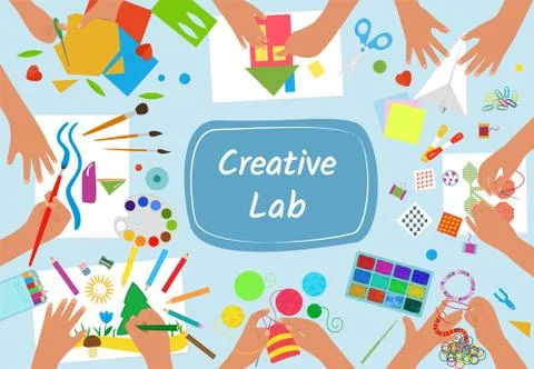 Hands creating handmade work, embroidery, drawing, knitting and scrapbooking Illustrazione stock