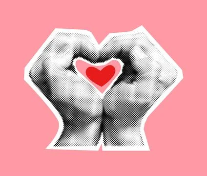 Hands creating heart halftone collage vector illustration Stock Illustration