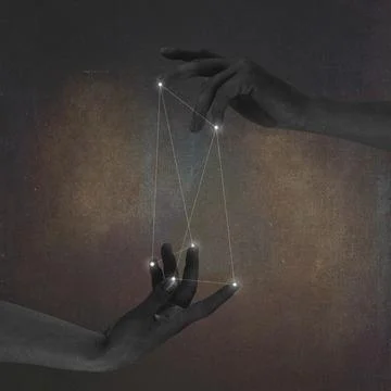 Hands creating starlight constellation connection in universe Stock Illustration