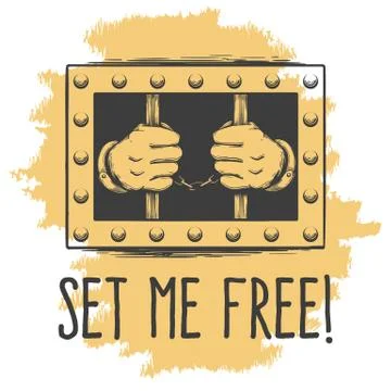 Hands in Cuffs Holds Prison Bars Emblem Stock Illustration