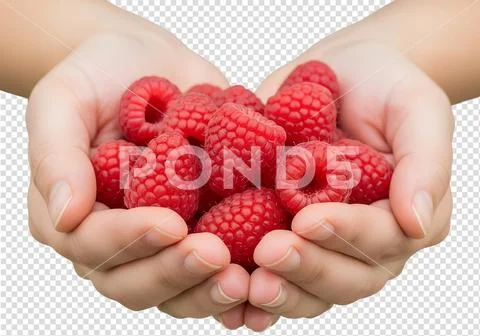 Hands cupping handful of ripe red raspberries, fresh and juicy PSDテンプレート