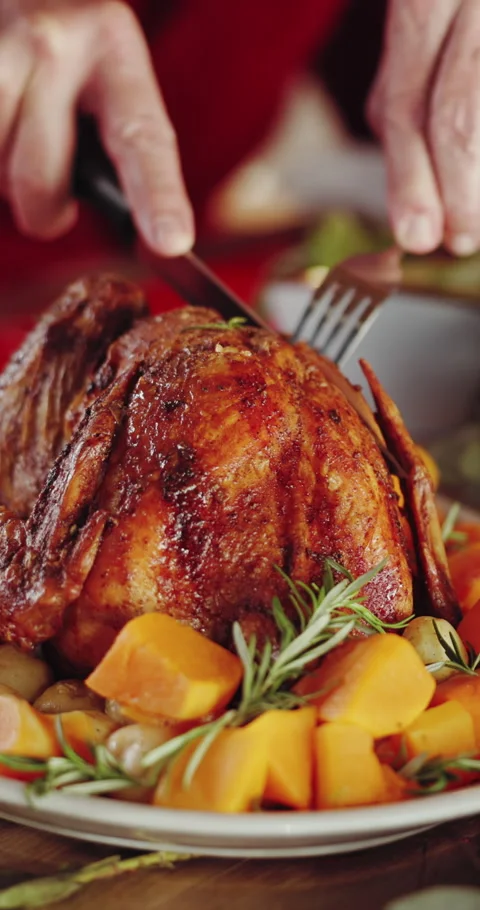 Hands, cut and roast chicken in house with dinner, traditional meal and cuisine Stock Footage 332909104