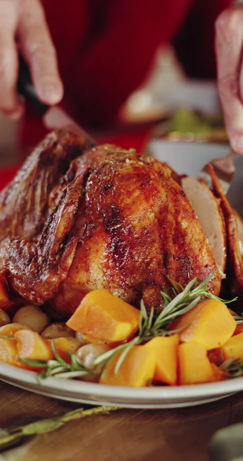 Hands, cut and roast chicken in home with dinner, traditional meal and cuisine Stock Footage 332917945
