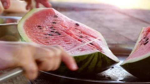 Hands Cut And Take A Piece Of Watermelon Stock Footage 127540475