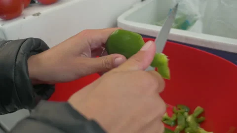 Hands cut a bell pepper with a knife during a roadtrip, in New Zealand Stock Footage 219130846