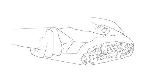 Hands cut bread with knife vector sketch illustration. Illustrazione stock