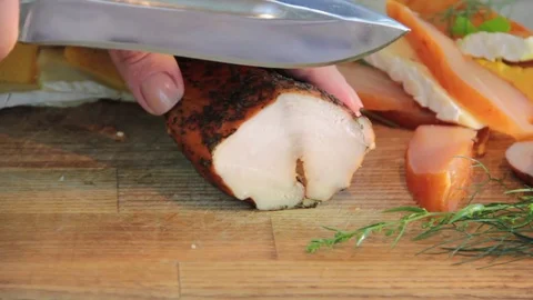 Hands cut with a knife meat Stock Footage 80812030
