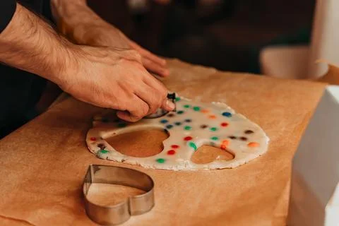 Hands Cutting Candy Cookie Shapes from Dough Stock Photos