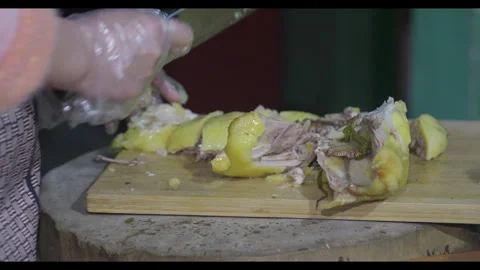 Hands cutting cooked chicken breast, close-up, no face Stock Footage 329763421