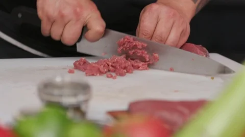 Hands cutting fresh meat raw lunch condiment preparation beef board cooking food Stock Footage 103289959
