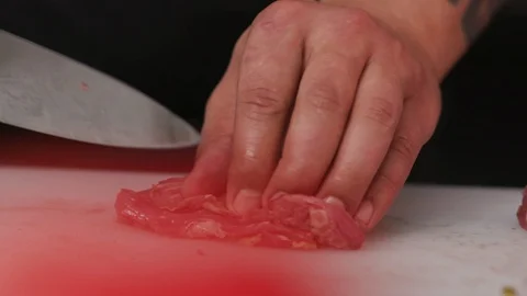 Hands cutting fresh meat raw lunch condiment preparation beef board cooking food Stock Footage 103290434