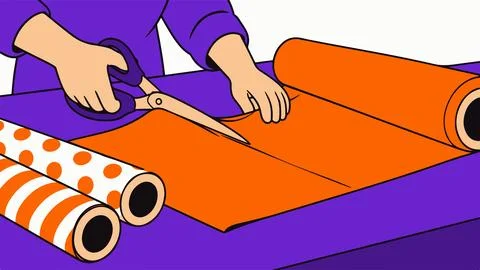 Hands cutting orange gift wrap paper with scissors on purple table Illustrazione stock