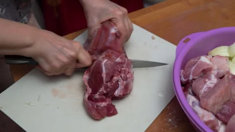 Hands Cutting Raw Meat On Cutting Board In Kitchen With Bowl Of Meat Preparation Stock Footage 329213659