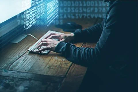 Hands, cyber security and hacker, computer and online cybercrime. Data Foto stock
