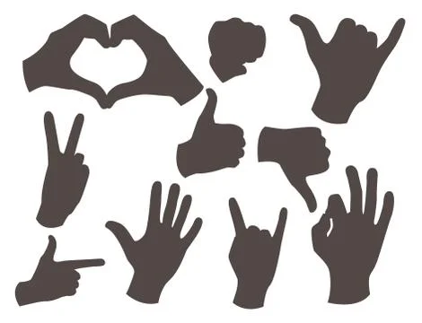 Hands deaf-mute different gestures black silhouette human arm people 스톡 일러스트
