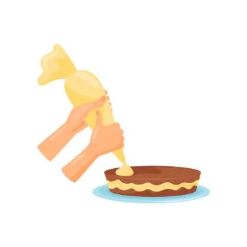 Hands decorating cake with cream, cooking process vector Illustration on a white Stockillustratie