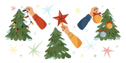 Hands decorating Christmas tree collection vector set Stock Illustration