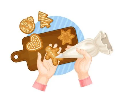 Hands Decorating Gingerbread Cookie with Sugar Glaze Vector Illustration Illustrazione stock