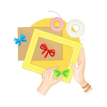 Hands Decorating Photo Frame Border with Bow as Handmade Craft Vector Stock Illustration