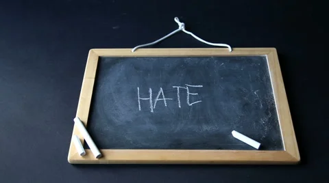 Hands deleting the word "hate" and writing the word "love" on chalkboard Stock-Footage 56374199