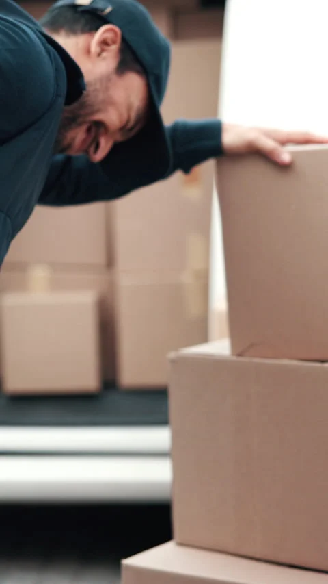 Hands, delivery man and back pain outdoor for logistics, manual labor or loading Vídeos de archivo 342313345